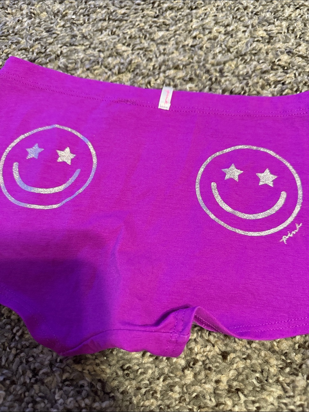 PINK Victoria's Secret Bright Purple Boyshorts with Silver Smiley Faces